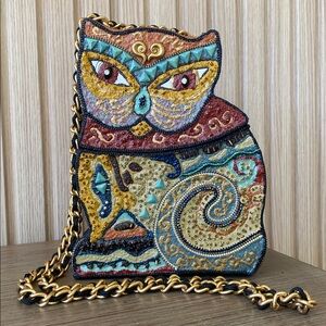 Vintage Mary Frances Cat Box Purse Crossbody Chain Strap Beaded Whimsical 8”x 6”